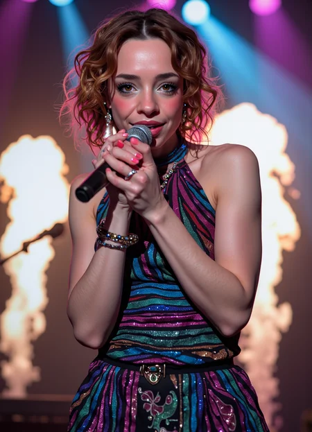 SFW, brightly lit, aidmaimageupgrader, A woman performing solo on stage, singing passionately into a microphone. She wears a stylish, high-collared sleeveless outfit that is elegant and sophisticated, made of shimmering fabric that catches the multi-color stage lighting. Her fitted top extends into a flowing, structured design, giving her a commanding presence without revealing too much. Her hair is tinted in shades that match the vibrant hues of the lighting, creating a striking visual effect. She is adorned with many layered necklaces, bracelets, and rings, each reflecting the glow of the stage lights. Pyrotechnic effects burst behind her, while swirling smoke fills the air, illuminated by dynamic beams of light that cut through the atmosphere. The scene appears almost magical, with glowing effects, dramatic god rays, and rich shadows adding depth and dimension. An extreme close-up shot focuses on her face, emphasizing her intense gaze as she looks directly at the viewer, locking eyes with the camera. The background is blurred but rich with high-energy concert visualsâvivid colors, ultra-detailed lighting effects, and a sense of motion captured in a professional cinematic photography style. The image is hyper-realistic, with intricate details and a sharp focus, evoking the emotion and power of a live performance. Rendered in a highly detailed, cinematic style with 3D Octane Render, Cinema 4D, and Blender, this masterpiece features vivid contrasts, golden-hour lighting, and deep shadows, making it a visually stunning, atmospheric piece trending on ArtStation and CGSociety.<lora:pony\Letha_Weapons_Pony_-_Adult_Actress_and_Model.safetensors:1.0:1.0> <lora:flux\custom\personal\emmy-speens.safetensors:1.0:1.0> <lora:turbo-8-step-flux.safetensors:0.5:0.5> <lora:flux\style\Common\aidmaImageUprader-FLUX-v0.3.safetensors:0.25:0.25>