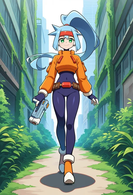 1girl, solo, ashemmzxa, blue hair, long hair, high ponytail, headband, green eyes, robot ears, bodysuit, crop top, long sleeves, white bracelet, belt, high heels, holding pistol, outdoors, old city, vegetation, overgrown, smile, straight-on, walking, looking at viewer,