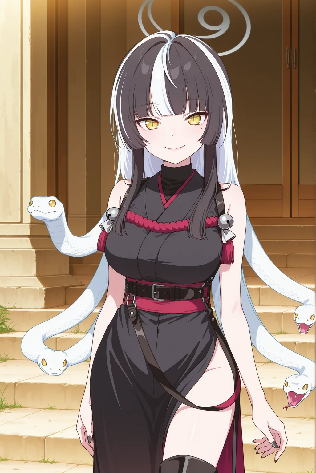 masterpiece, best quality, anime, 2d, 1girl, (anime screencap:1.4), (slender), (large breasts), solo, <lora:BA-Azami-ILXL-V2:1> hobu4z4mi, <lora:anime_screencap:1>
BREAK (black hair, white hair, two-tone hair, streaked hair, long hair, halo, living hair, snake hair, blunt bangs, white snake), outdoors,
BREAK (side slit, black dress, two-tone dress, sleeveless dress, bell, strap, belt, thigh boots, black boots, high heel boots, nail polish, black nails, two-sided fabric, shimenawa, rope),
BREAK (red obi, sash)
BREAK (looking at viewer, cowboy shot:1.4), (yellow eyes, slit pupils, smile)