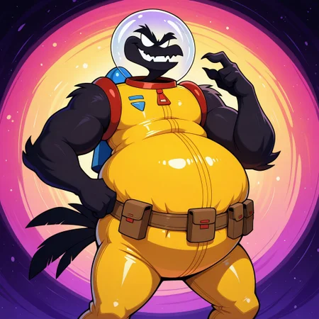 Psy-crow, black feathers, all black body, fangs, blank eyes, white eyes, bushy eyebrows, feathered arms, black tail feathers, pear shaped body, big belly, yellow and red space suit, space helmet, utility belt, male, 1boy, furry male, solo, evil smile, smug, best quality, masterpiece, best quality, amazing quality, very aesthetic, absurdres, newest, high quality, close up, portrait, abstract background