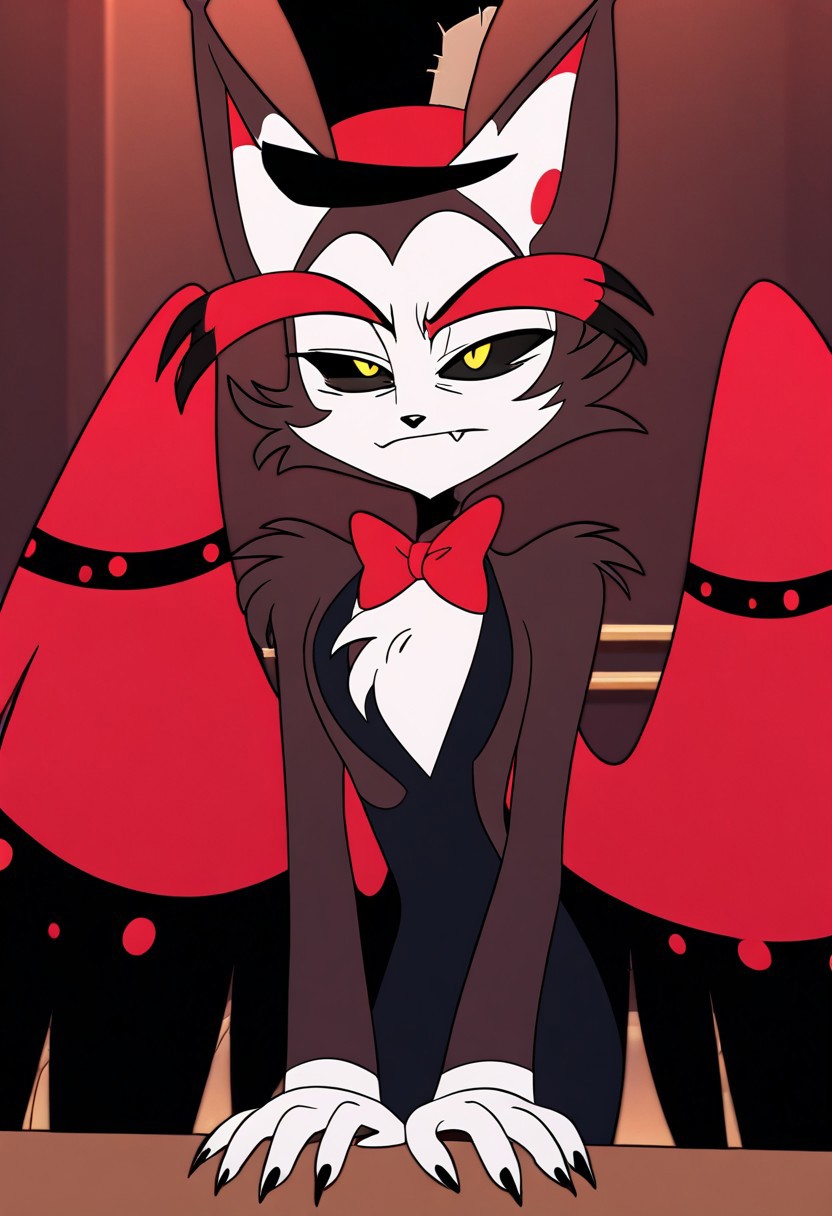 masterpiece, best quality, newest, absurdres, highres, anime, anime style, 1boy, HHOVP-HUS-V1.0, furry, furry male, cat ears, cat boy, wings, red wings, hat, top hat, yellow eyes, colored sclera, black sclera, bowtie,