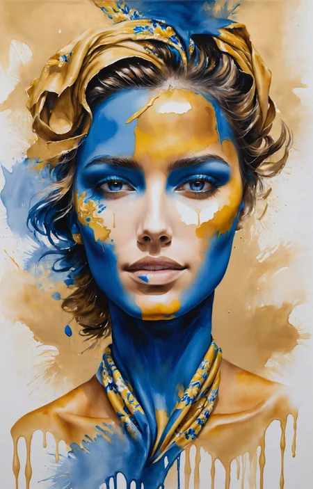honey gold and olympian blue color blocking, surrealist avant-gard, intricate watercolor portrait, [ paint smear in the clouds : close-up of a beautiful Cuban woman wearing a floral print scarf, soft smile : 8], <lora:MS_AcrylicArt_V1_SDXL:0.8> acrylic_painting, painting, brush strokes, paint drops, paint splatter