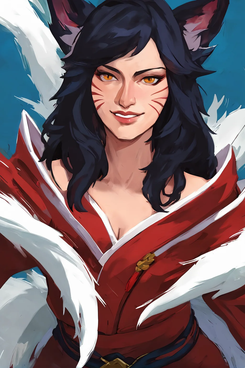 score_9,
<lora:disco_elysium_v1_unpruned:0.8>, de_portrait, oil painting,
ahri \(league of legends\), light smile, black hair, fox ears, red kimono, blue background, white background, 1girl,
high resolution, Masterpiece