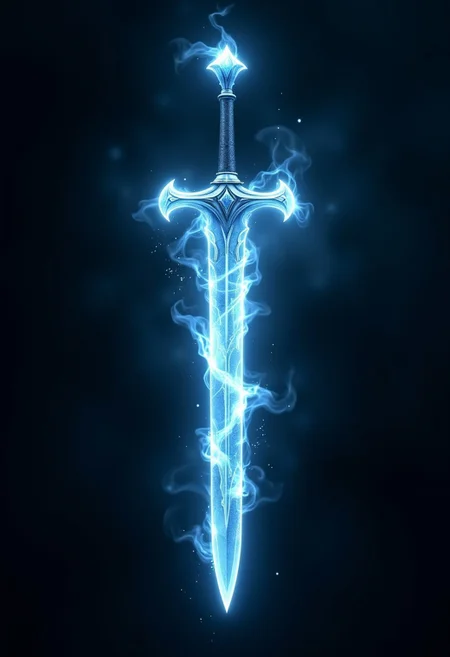 legendary zweihander sword called by many names but most commonly called the Blade of the ruined king. it is a shattered ghost sword, an ancient and long forgotten mystic weapon, encased in ghostly blue foefire, epic, masterpiece, fantasy weapon, shiny, magic, master crafted, ghost effect, ghostly haft, ghostly transparent blade and handle, particle effects, dark empty background show casing the weapon,
