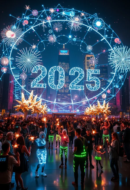A futuristic New Year's celebration centered on a breathtaking holographic show. The scene captures a vast urban plaza with a colossal holographic projection of '2025,' surrounded by dazzling, animated visuals such as swirling galaxies, fireworks, and intricate geometric designs. The holograms extend high into the sky, blending seamlessly with the city's skyline. Below, a captivated crowd glows in the light of the holographic spectacle, with people holding sparklers and wearing futuristic attire. Performers in illuminated costumes interact dynamically with the holograms, creating a vibrant, immersive atmosphere that combines cutting-edge technology with celebratory energy.