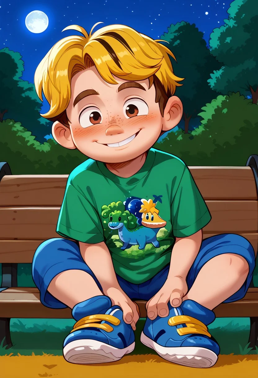 score_9, score_8_up, score_7_up, highly detailed, CuteCartoonStyle, cute boy, 1boy, solo, Aaron Mitchell, fair skin, shaggy, blonde hair, brown eyes, freckles. green t-shirt, dinosaurs shirt, blue and yellow strap sneakers, at night, full moon, sitted, bench, embarassed smile, half closed eyes, floating hearts, blushing, park, 
DSCStyle, round eyes, exaggerated proportions, cartoonish features, anime-inspired, cute aesthetics, cartoonish proportions, highlights,smooth lines, glossy highlights, minimal detail, clean outlines, consistent line weight, gentle highlights