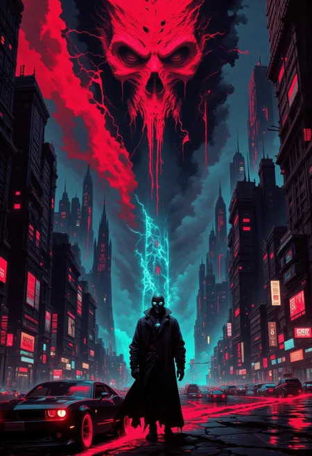 A dark, neon-drenched cityscape emerges under a stormy, blood-red sky, inspired by the ominous energy of "The Shape". A lone figure stands atop a crumbling skyscraper, silhouetted against the chaos, their trench coat whipping in the violent wind. The figure’s mask glows with eerie, jagged red and cyan lights, forming an expressionless, skull-like visage. Below, the sprawling metropolis pulses with neon signs and flickering holograms, casting an unsettling glow across empty streets. Massive shadows twist and crawl along building walls, forming shapes that seem alive—creatures born from darkness and fractured reality. A black muscle car with glowing headlights roars through the streets, leaving neon red tire trails that scorch the pavement, as if chased by something unseen. The scene crackles with electric energy—lightning splits the sky, illuminating the jagged skyline and fractured bridges in harsh, flickering bursts. Smoke rises from vents, reflecting vibrant hues of crimson, cyan, and deep violet. The city feels alive and predatory, a techno-horror nightmare where the line between man and machine blurs, and something monstrous lurks just beyond the veil. The atmosphere is gritty, foreboding, and cinematic, pulling the viewer into a dark, synthwave-infused vision of dread and adrenaline. best quality,masterpiece, (close-up),highly visible,godrays,bright lit,zoomed,dynamic composition,vibrant, color contrasts,acid neon colors,darkwave