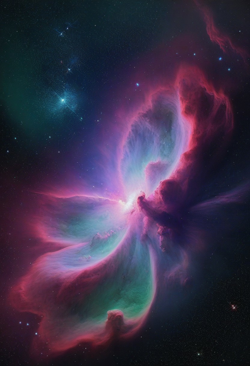 Stunning nebula in space, dynamic colors, purple and green, stars in background, hyper realistic