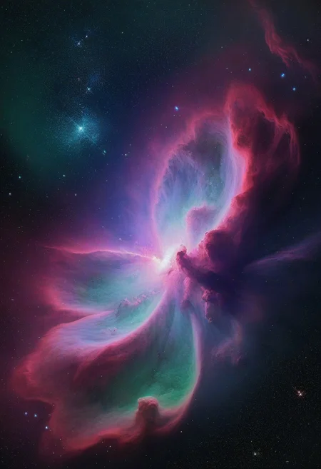 Stunning nebula in space, dynamic colors, purple and green, stars in background, hyper realistic