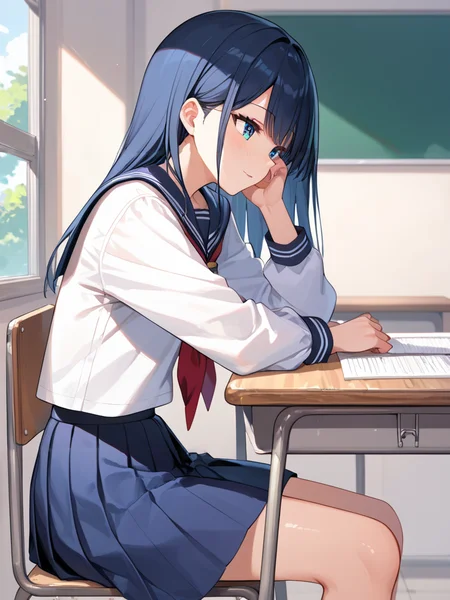 score_9, score_8_up, score_7_up,source_anime, high res image,masterpiece,amazing quality,best quality,ultra-detailed,8K,illustration,CG,shiny hair,clear skin,ultra-detailed-eyes,simple background,cute girl, eyelashes <lora:provocation_pony_V1.0:0.8> provocation, school desk, chair, sitting, school uniform, skirt, shirt, from side