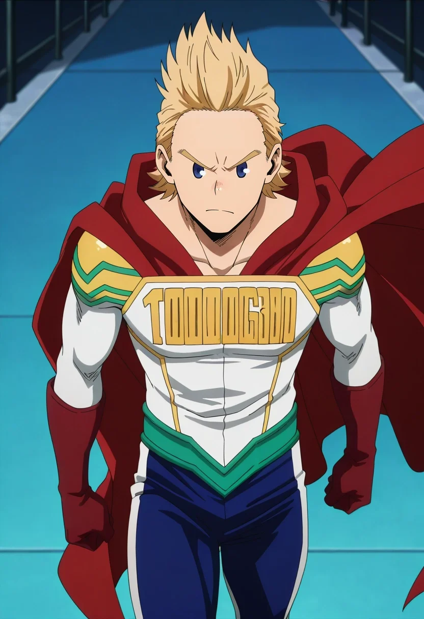 masterpiece, best quality, , anime screencap, anime coloring, official style, looking at viewer, 1boy, solo, male focus, <lora:mirio_toogata_ilxl:1>, mirio_toogata, blonde hair, blue eyes, short hair, spiked hair, bodysuit, superhero, red cape, , ,