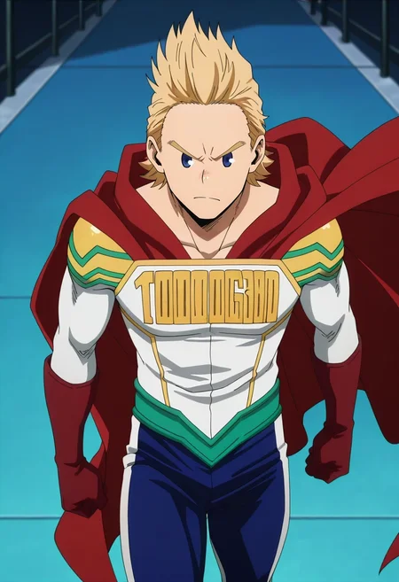 masterpiece, best quality, , anime screencap, anime coloring, official style, looking at viewer, 1boy, solo, male focus, <lora:mirio_toogata_ilxl:1>, mirio_toogata, blonde hair, blue eyes, short hair, spiked hair, bodysuit, superhero, red cape, , ,