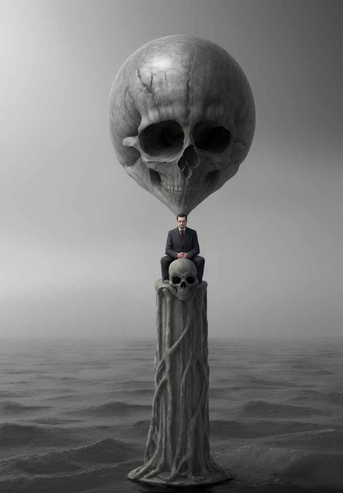 surrealism, a man sitting on top of a giant pillar in the middle of the ocean, anton semenov, skeleton, 3ds max render, inspired by Henry Moore