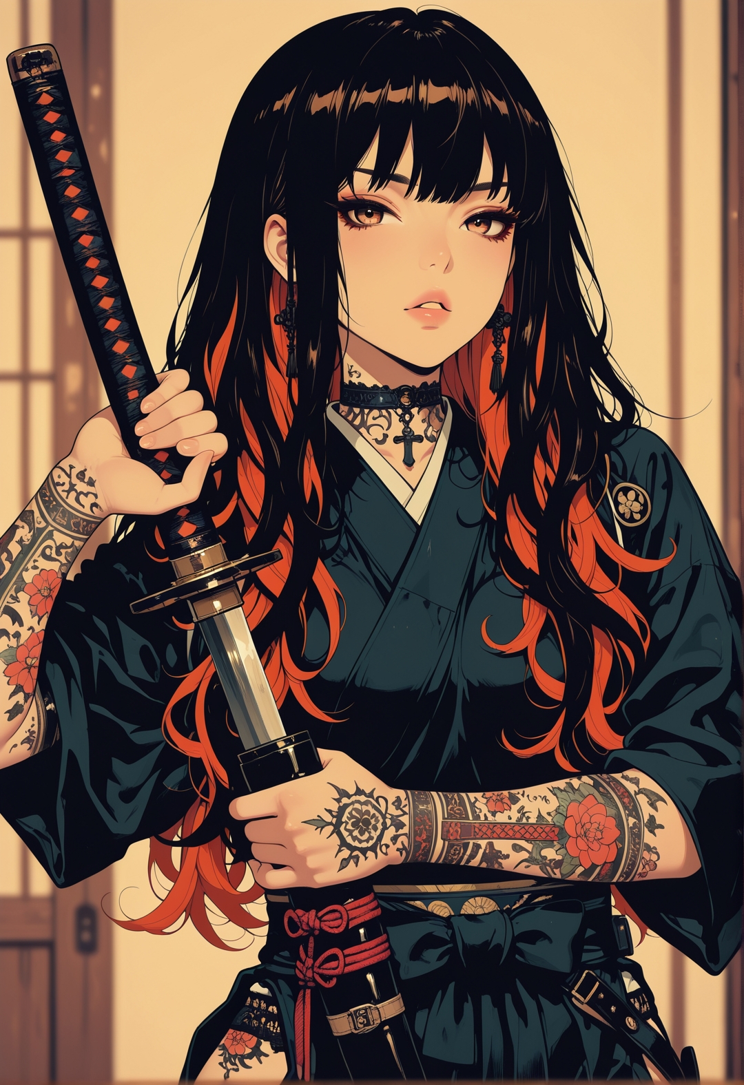 <lora:ck-shadow-circuit-IL:0.65>, 
masterpiece, best quality, good quality, very aesthetic, absurdres, newest, 8K, depth of field, focused subject, 
 sexy, erotic japanese female warrior, neon hair, looking at viewer, parted lips, cross_draw, katana, sword_draw, iaido, one_hand_on_sheath, unsheathing, dramatic pose, traditional japanese art style, wabi-sabi, henna and carmine, sepia
 <lora:MoriiMee_Gothic_Niji_Style_Illustrious_r1:0.50> 
<lora:ck-nc-cyberpunk-IL-000011:0.7>
 <lora:ck-neon-retrowave-IL:0.2>