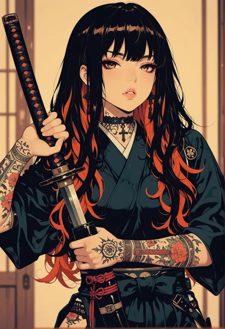 <lora:ck-shadow-circuit-IL:0.65>, 
masterpiece, best quality, good quality, very aesthetic, absurdres, newest, 8K, depth of field, focused subject, 
 sexy, erotic japanese female warrior, neon hair, looking at viewer, parted lips, cross_draw, katana, sword_draw, iaido, one_hand_on_sheath, unsheathing, dramatic pose, traditional japanese art style, wabi-sabi, henna and carmine, sepia
 <lora:MoriiMee_Gothic_Niji_Style_Illustrious_r1:0.50> 
<lora:ck-nc-cyberpunk-IL-000011:0.7>
 <lora:ck-neon-retrowave-IL:0.2>