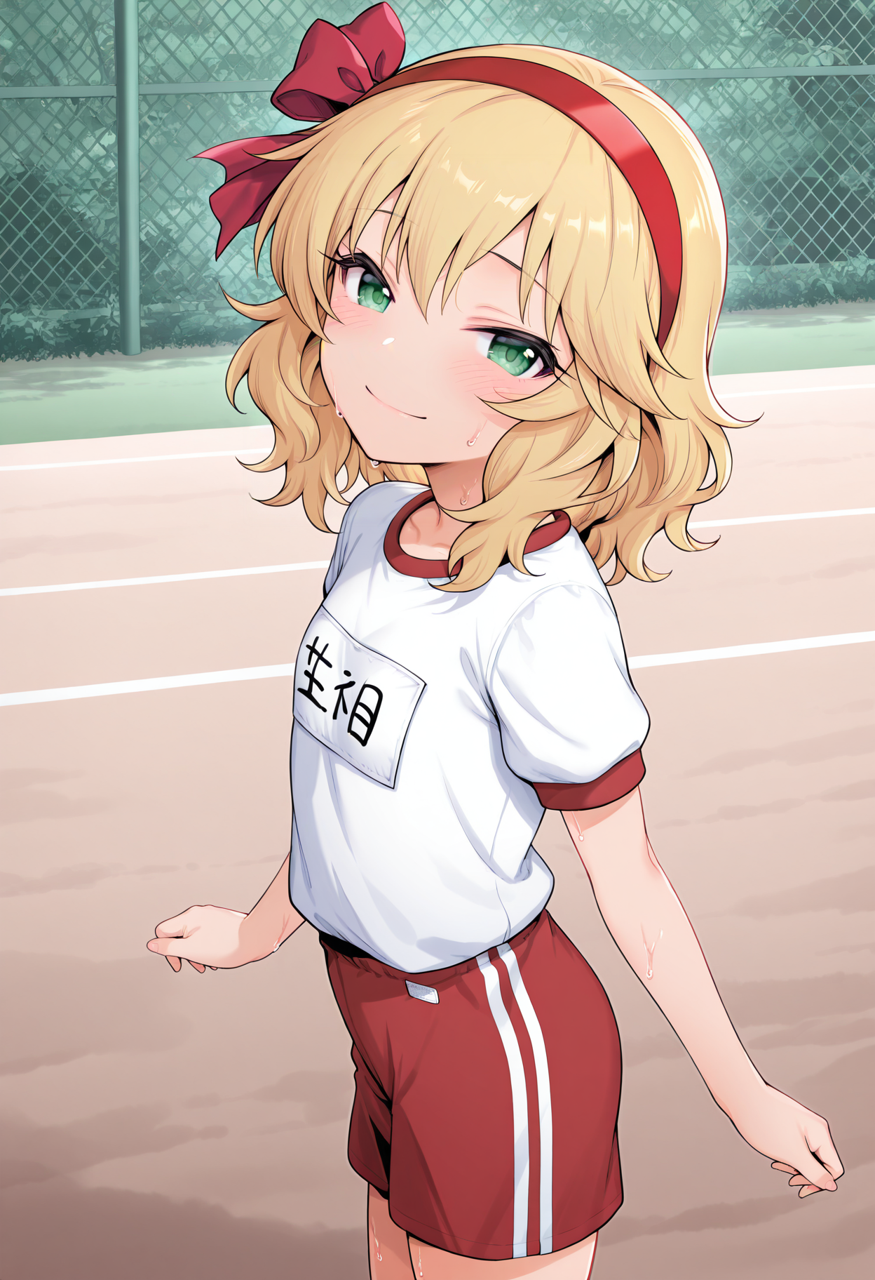 highres, best quality, masterpiece, outdoors,
1girl, solo, sakurai momoka,
gym shirt, name tag, red shorts, red hairband, hair ribbon,
looking at viewer, blush, sweat, smile,
standing, head tilt, from side,
<lora:_onib-sty-elesico-ilxl-40:1>