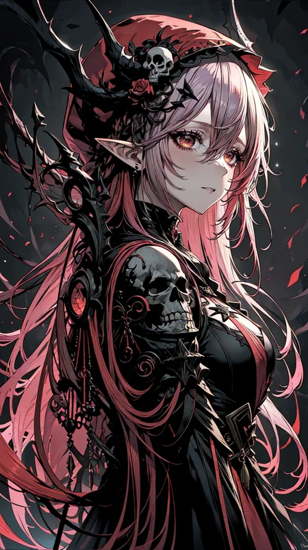 red and black clothing, white hair, long hair, hood, demon horns, pointy ears, skull on shoulder, red eyes, bangs, hair between eyes, red particles, multicolored hair,
masterpiece, best quality, upper body, portrait,