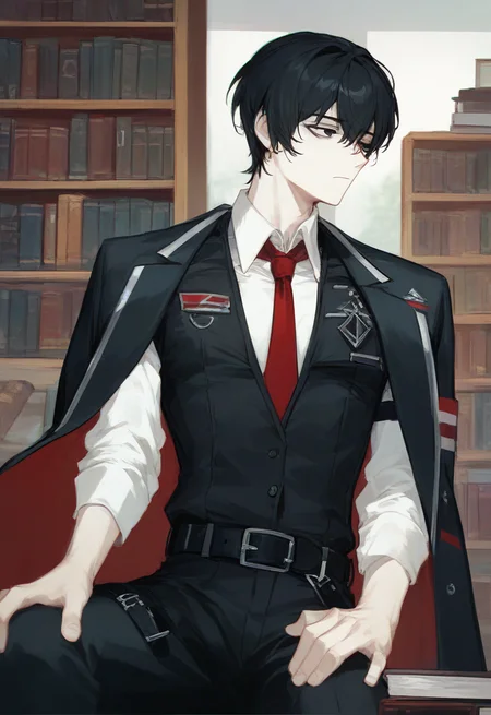 (score_9, score_8_up:1.1), score_7_up, masterpiece, perfect face, beautiful face, perfect hands, beautiful hands, <lora:Yi_Sang_Limbus:1>, YiSangLimbus, YiSangSinner, solo, short hair, shirt, black hair, long sleeves, 1boy, sitting, closed mouth, jacket, white shirt, male focus, necktie, collared shirt, belt, pants, indoors, black eyes, vest, black jacket, book, black pants, red necktie, black belt, black vest, bookshelf, hand on own thigh, shelf, white shirt, jacket on shoulders, upper body, portrait