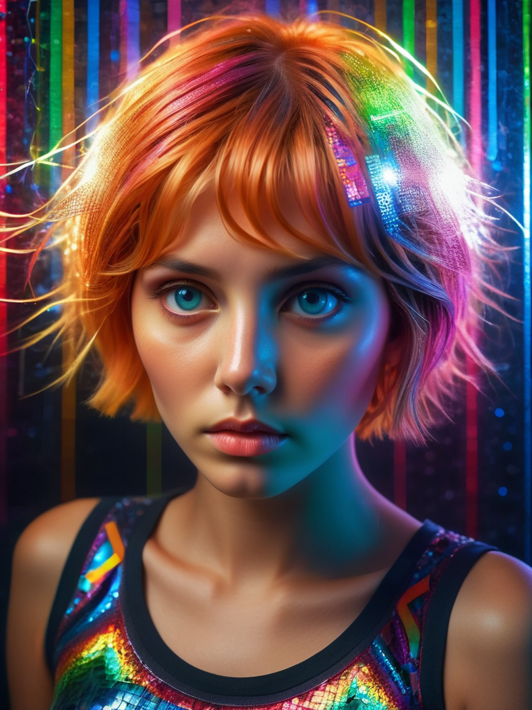 analog photo, dark shot, low key, action, (a intelligent afghan girl, 20 years old:1.1), strawberry blonde pixie bob hair, huge tits, fit, reflections on the wall background, abstraction atmosphere, (prismatic, holographic:1.2), sparkles, neon pixels, (neon light:1.1), chaotic, fashion magazine, (intricate details:0.9), (hdr, hyperdetailed:1.2) <lora:ral-paperstreamer:1> ral-paperstreamer