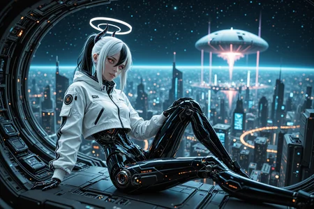 masterpiece, best quality, good quality, very aesthetic, absurdres, newest, 8K, bokeh, film grain, photorealistic, scenery, neon glow, (floating island, starry sky, spaceship:0.9), angular, sleek, futuristic, science fiction, cyberpunk, aidmaFLuxPro1.1, aidmaImageUpgrader BREAK young 1girl, [(kayoko_\(blue_archive\):0.99):(kayoko_\(blue_archive\):0.6):0.5], cyborg, robot girl, mechanical body, open cropped jacket, white jacket, parted lips, (light smile:0.7), white halo, head tilt, dynamic pose, sitting, streaked hair, white hair, black ponytail, (horns:0.9), hair between eyes, red eyes, white pupils, glamour <lora:aidmaFLuxPro1.1-IL-v0.3:0.4> <lora:- iLL - the_edgy_mech_V3.0:0.4> <lora:aidmaImageUpgrader-v0.3-IL:0.3> <lora:aidmaMJ6.1_v0.5_IL:0.2> <lora:Mechanism-Illustious:0.2> <lora:RealisticIL-000001:0.1>