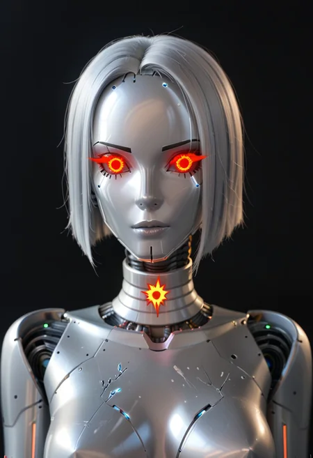 A 35mm photo of a beautiful broken robotic woman, she has a faceless robotic head, robot, silver hair, smooth dark grey metallic featureless feminine body, sparks coming from her damaged neck
no face