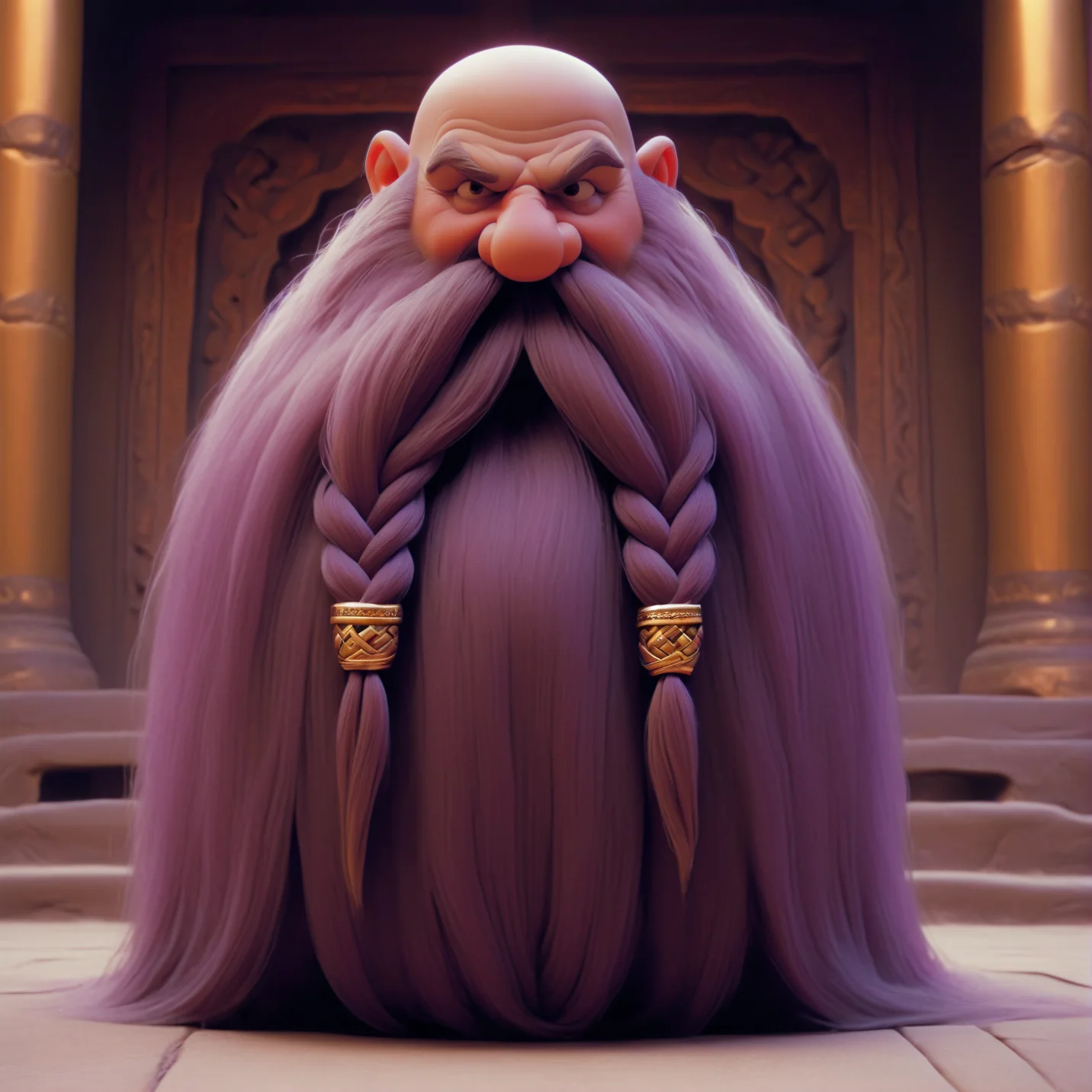 Harry_Dwarf, dwarf-like character, front facing view, flowing long golden beard, long braided moustache,bald, violet bangles, <lora:Harry_Dwarf:1>, <lora:add-detail-xl:0.8>, (film grain), highly detailed, at a temple, looking at viewer