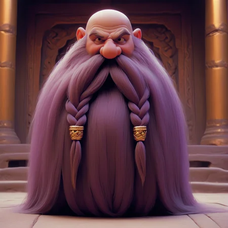 Harry_Dwarf, dwarf-like character, front facing view, flowing long golden beard, long braided moustache,bald, violet bangles, <lora:Harry_Dwarf:1>, <lora:add-detail-xl:0.8>, (film grain), highly detailed, at a temple, looking at viewer