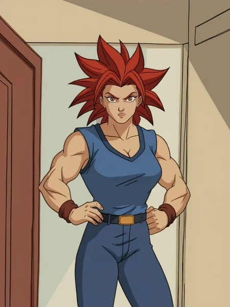 score_9, score_8_up, score_7_up, score_6_up, score_5_up,
1girl, large_breasts, cleavage, solo, red_hair, spiked_hair, blue_shirt, blue_pants, belt, parody, brown_bracelets, indoors, wristband, meme, pants, super_saiyan, sleeveless, standing, looking_at_viewer, cosplay, door, blue_pants, shirt, muscular_female, sleeveless_shirt, scene_reference, retro_artstyle, cowboy_shot, impossible_clothes, 
<lora:personAdventures:1>