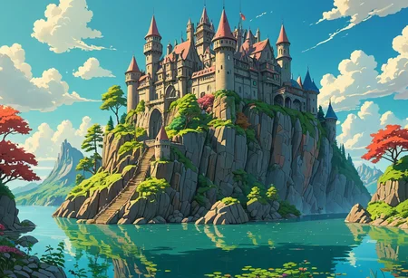 a magical enchanted castle on a cliff dominating a lake, sunny summer day, anime style, inpired ny Hayao Miyazaki, hyper detailed, super intricate, vibrant colors, flat colors