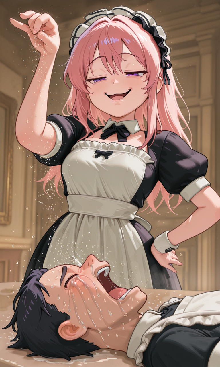 embedding:IllusP0s, g00se, pink hair, purple eyes, maid outfit, smug, sprinkling salt, 1girl, 1boy, open mouth, crying, standing, laying,<lora:sprinkling salt_illustrious.safetensors:1.0:1.0> <lora:g00se_v2_ill.safetensors:0.9:0.9> <lora:CivChan.safetensors:0.8:0.8>