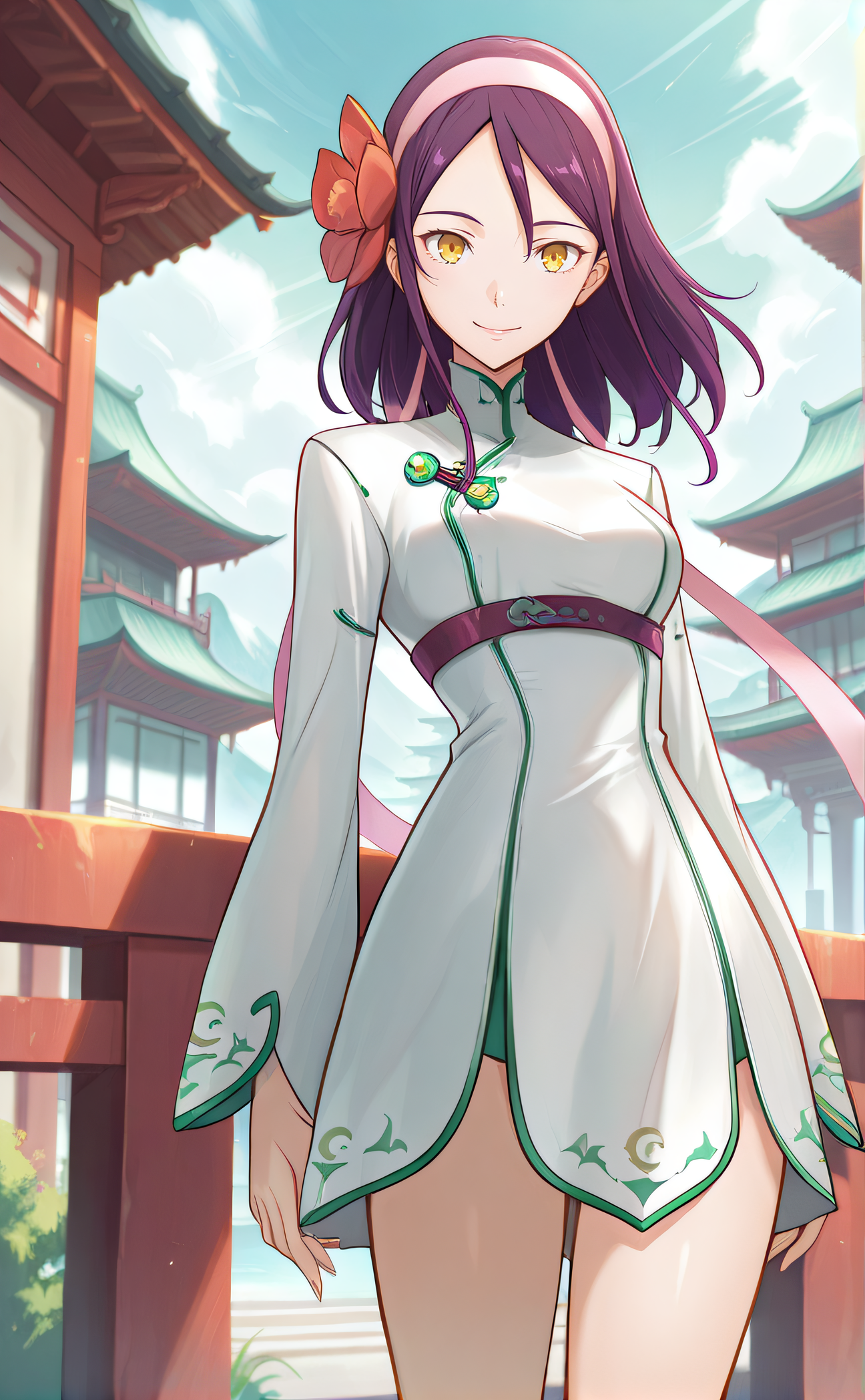 masterpiece, best quality, highres, scenery, newest, 1girl, solo, official style, <lora:Ryfia:1>, ryfia, purple hair, yellow eyes, hairband, hair flower, chinese dress, thighs, looking at viewer, smile, outdoor, cowboy shot, scenery