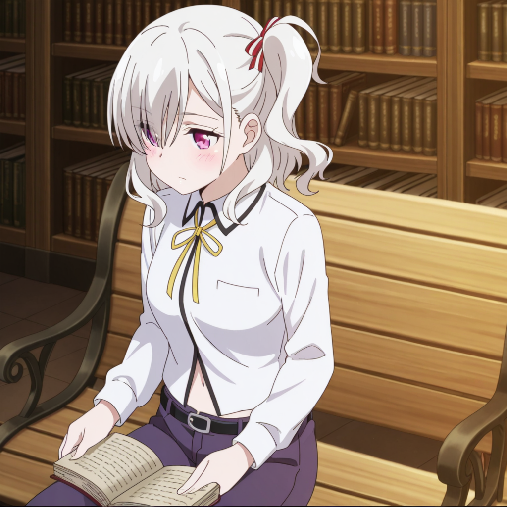 nsfw, masterpiece, best quality,1girl, solo, warlords_of_sigrdrifa_komagome_azuzu, indoor, sitting, read, ribbon, shirt, bench, one side up, neck ribbon, blush, white shirt, white hair, pants, belt, long sleeves, collared shirt, navel, hair between eyes, yellow ribbon, bangs, side ponytail, closed mouth, pink eyes, purple eyes, library, <lora:Komagome_Azuzu_-_Warlords_of_Sigrdrifa:0.7>
