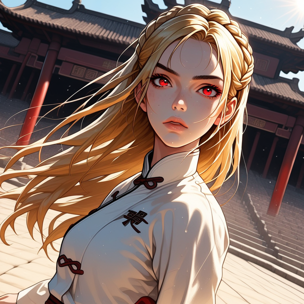 long length hair, golden hair, crown braid, half up and down hairstyle, bright red eyes, oval face, sun-kissed skin with a sprinkling of freckles, slim body, medium high, expressive eyebrows, full lips, small breast, detailed background, chinese temple, outdoor, arena, galdiator arena, linen cloth, swinging sword, big sword, sweating, serious, cowboy shot, dutch angle, looking at viewer,
