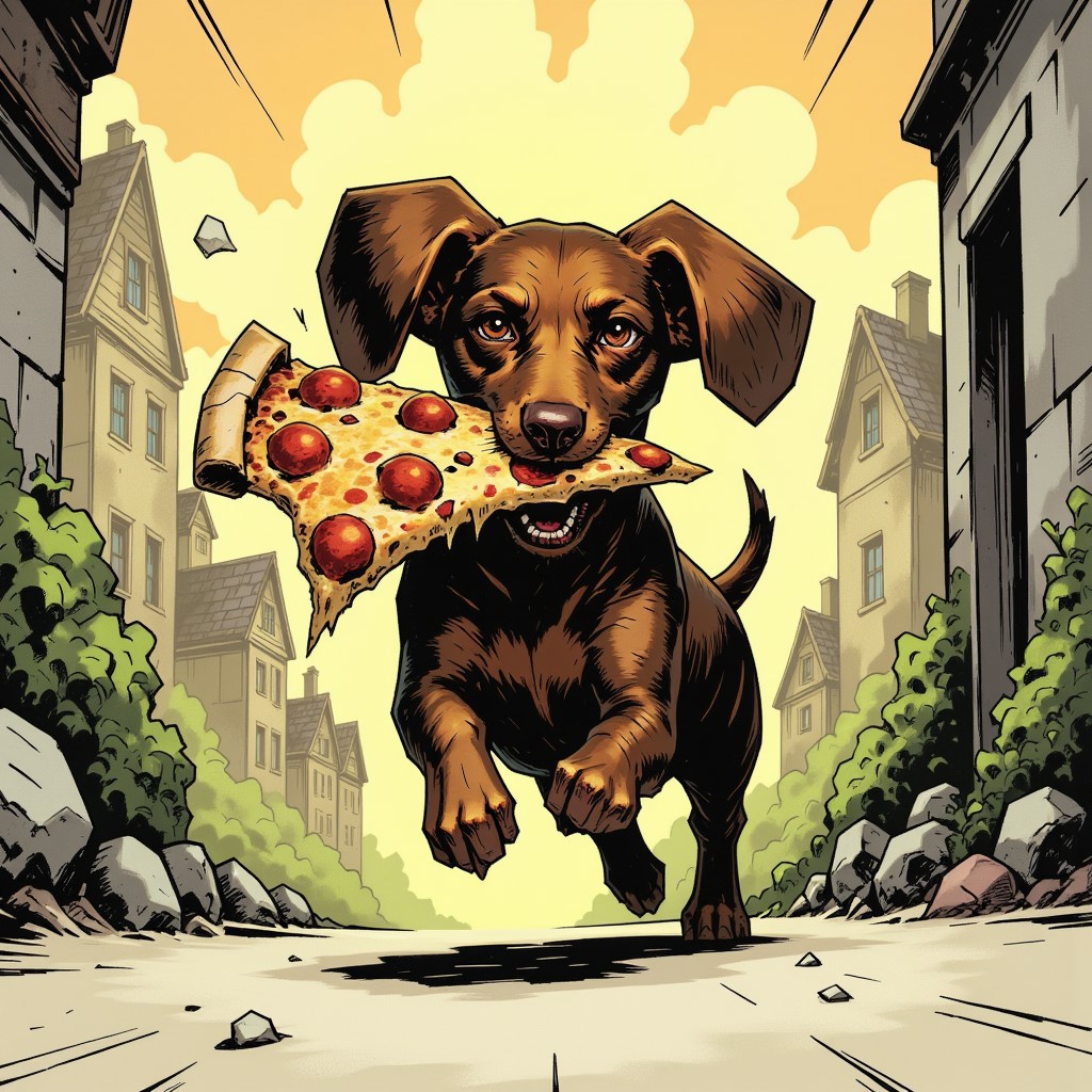 inked comic illustration in TTCSV1.0 artstyle that features a dachshund running away with a big slice of pizza in his mouth