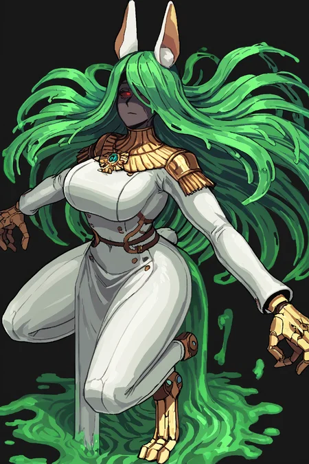 score_9, score_8_up, score_7_up, score_6_up, score_5_up, score_4_up, BREAK, source_anime, solo, 1girl, rating_safe, ((mature female)), ((long green flowing hair)), mechanical parts, ((plastic, polymer, metal body)), (big mechanical rabbit ears), mature female, (bunny ears), (animal ears), subdermal port, ((milf, mature female, big breasts)), hexagon lines in skin, naval uniform overcoat, naval uniform, white military uniform, dress_uniform, ribbons, ((red eyes)), bunny tail, rabbit tail, aiguillette, ((green hair)), ascot, ((High Angle view medium Close shot, Standing with one foot in front of the other )), pilot suit, shoulder cutout, bunny rabbit Tail, ((hair over one eye, )), digitigrade, clawed feet, minimal clothes, ((metal skin, shiny skin, vampire aesthetic, digital eyes, filled eyes, monochromatic eyes, glowing eyes, colored sclera, red sclera, mechanical eyes, partially shaded face, slit pupils, angular, minimal face, minimalism, narrow eyes, large eyes)), (anubis \(mythology\), anubis \(mythology\), ), <lora:Pony_DetailV2.0:1.5>, <lora:age_slider_v4:4>, ((dark, shaded, black background, horror, GREEN HAIR,)) <lora:ECHANIS:0.7>,  <lora:Valmardraws:1> by valmardraws, pixel art,  <lora:slime sex_pony_V1.0:1> slime sex, slime