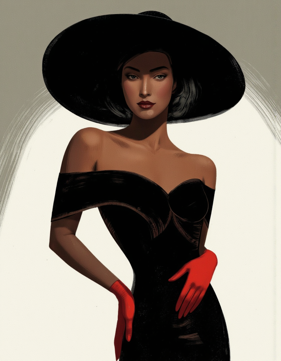 . A stylized portrait of a woman with dark skin, wearing a black off-shoulder dress and a large black hat. the woman, who appears to be in her mid-twenties, is positioned in the middle of the image, with her upper body facing the viewer and her eyes looking directly at the viewer. she has a sultry expression, with dark lipstick and a subtle smirk on her lips. her hair is styled in an elegant updo, and she is wearing red gloves that add a touch of elegance to her look. the background is a simple gradient of light grey to white, creating a striking contrast with the woman's dark skin. the overall style is reminiscent of vintage fashion, with bold lines and vibrant colors that bring out the character's striking features.
