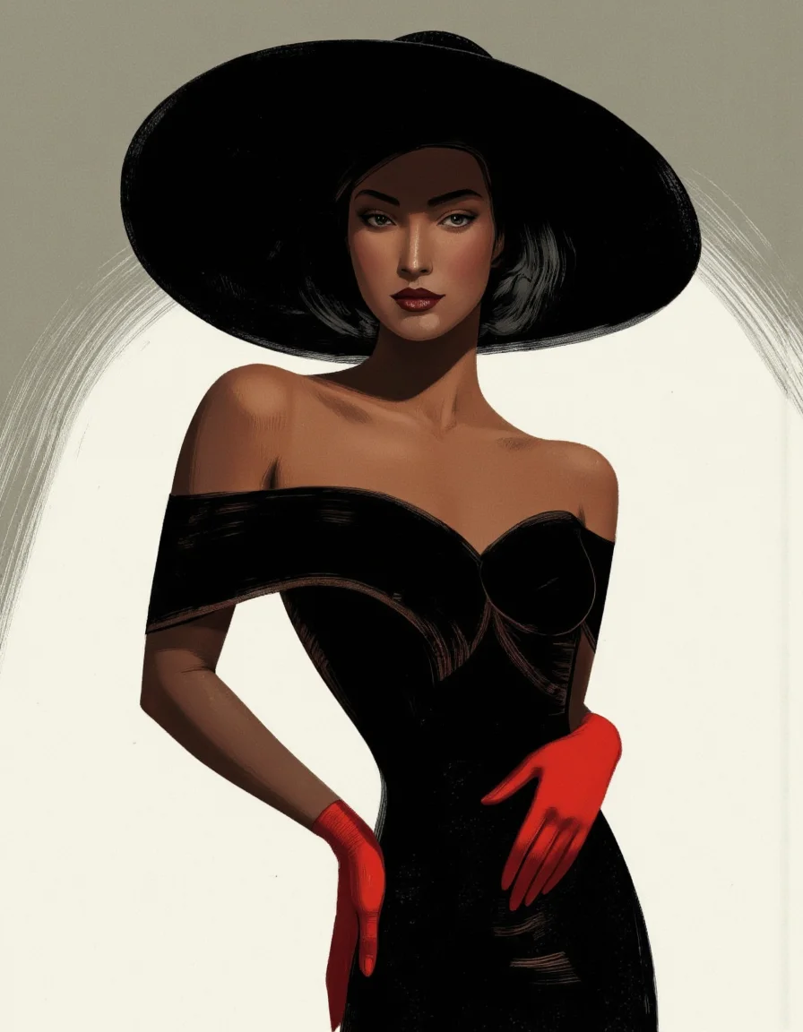 . A stylized portrait of a woman with dark skin, wearing a black off-shoulder dress and a large black hat. the woman, who appears to be in her mid-twenties, is positioned in the middle of the image, with her upper body facing the viewer and her eyes looking directly at the viewer. she has a sultry expression, with dark lipstick and a subtle smirk on her lips. her hair is styled in an elegant updo, and she is wearing red gloves that add a touch of elegance to her look. the background is a simple gradient of light grey to white, creating a striking contrast with the woman's dark skin. the overall style is reminiscent of vintage fashion, with bold lines and vibrant colors that bring out the character's striking features.
