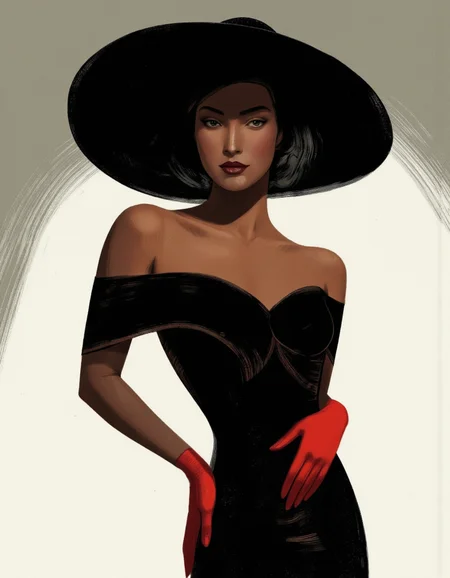 . A stylized portrait of a woman with dark skin, wearing a black off-shoulder dress and a large black hat. the woman, who appears to be in her mid-twenties, is positioned in the middle of the image, with her upper body facing the viewer and her eyes looking directly at the viewer. she has a sultry expression, with dark lipstick and a subtle smirk on her lips. her hair is styled in an elegant updo, and she is wearing red gloves that add a touch of elegance to her look. the background is a simple gradient of light grey to white, creating a striking contrast with the woman's dark skin. the overall style is reminiscent of vintage fashion, with bold lines and vibrant colors that bring out the character's striking features.