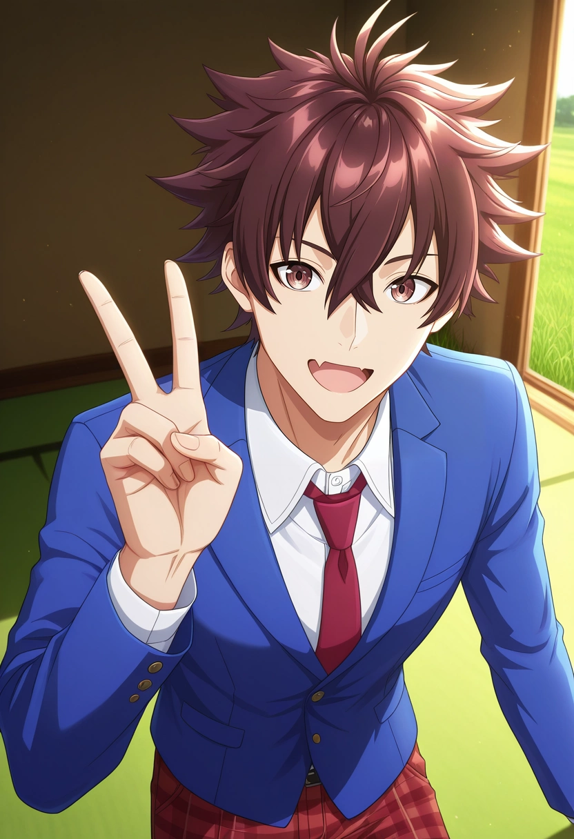 masterpiece, best quality, intricate details, (realistic:0.6), looking at viewer, 1boy, solo, male focus, <lora:yuuya_tenjou_ilxl:0.92>, yuuya_tenjou, brown hair, brown eyes, short hair, hair between eyes, spiked hair, bangs, white shirt, collared shirt, blue jacket, red necktie, panorama, grass, indoors, light, victory pose, skin fang, Trousers, Plum Tartan Cargo shirt, , ,