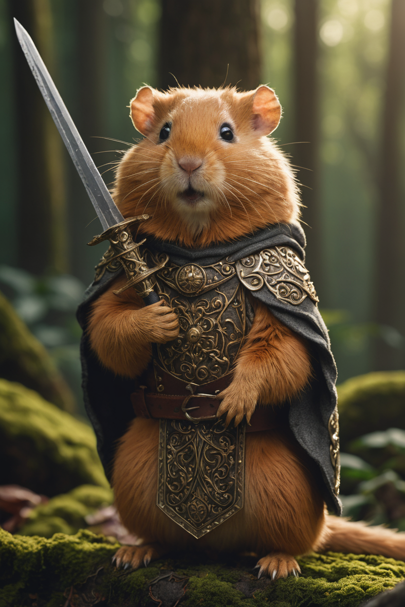 cinematic photo cinematic photo,extremely detailed fur,(holding a gleaming ornate sword:1.85),image of a wise old veteran hamster warrior wearing (shiny intricate armor:1.4) and a dark woolen cloak,haze,sparkles,glow effects,crepuscular rays,raw photo,8k,true 4k,cinematic style,rim lighting,front light,spot light,perfect lighting,chiaroscuro,professional photoshoot,intricate,ultra detailed,in an overgrown enchanted forest,moss,(beautiful flowers:1.3),ferns and vines,extremely detailed background,light shafts,bokeh,hasselblad,70mm,f/2,35mm,raw photo,schneider super cinelux,cinematic  photorealistic,8k uhd natural lighting,raw,rich,intricate details,key visual,atmospheric lighting,35mm photograph,film,bokeh,professional,4k,highly detailed . 35mm photograph,film,bokeh,professional,4k,highly detailed,cinematic  photorealistic,8k uhd natural lighting,raw,rich,intricate details,key visual,atmospheric lighting,35mm photograph,film,bokeh,professional,4k,highly detailed . 35mm photograph,film,bokeh,professional,4k,highly detailed