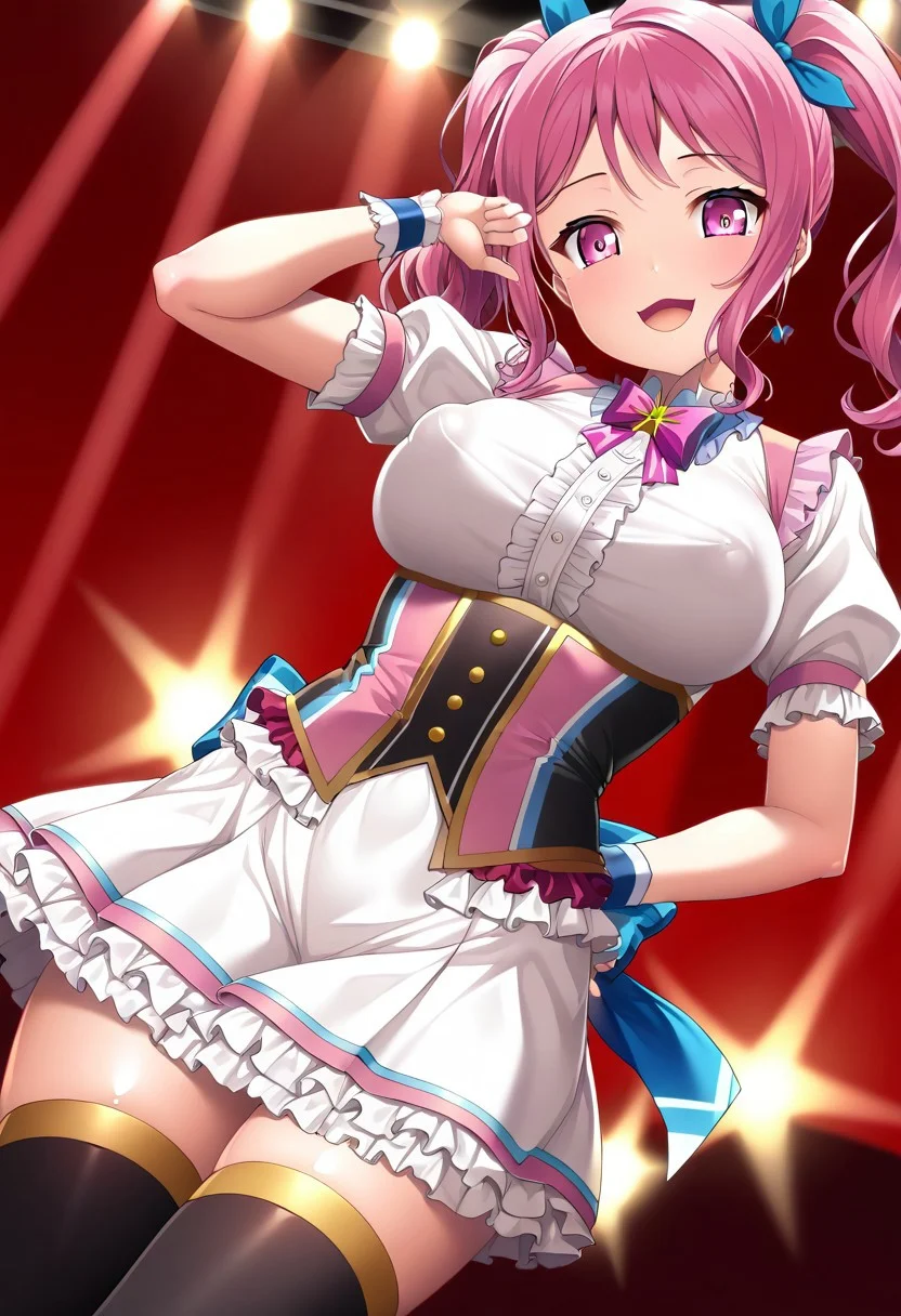 score_9, score_8_up, score_7_up, source_anime, anime, BREAK,
lambda, maruyama_aya, /(bangdream/),
(cute 1girl), (solo), (large breasts), (medium hair), twintail hair, pink hair, wavy hair, pink eyes, hair ribbon,
(idle outfit), white shirt, pink vest, short sleeves, puffy sleeves, pink eyes, (frilled:1.8), thighhighs, skirt, covered nipples,
angle:random,
(strike a pose:1.3),
shining light, (live stage:1.8), (growing light),