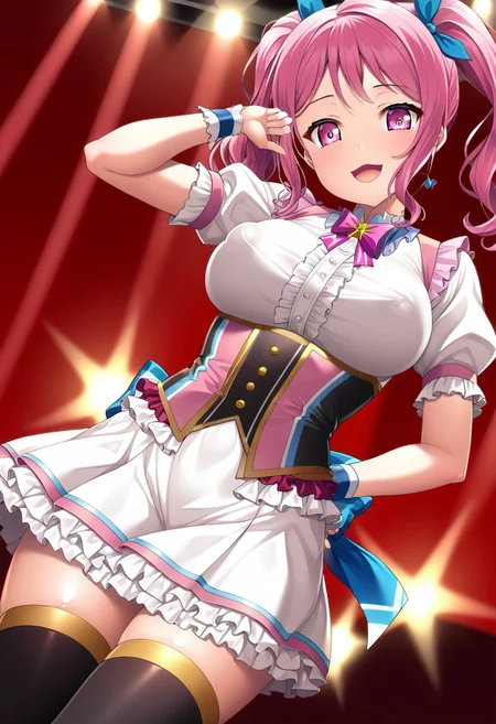 score_9, score_8_up, score_7_up, source_anime, anime, BREAK,
lambda, maruyama_aya, /(bangdream/),
(cute 1girl), (solo), (large breasts), (medium hair), twintail hair, pink hair, wavy hair, pink eyes, hair ribbon,
(idle outfit), white shirt, pink vest, short sleeves, puffy sleeves, pink eyes, (frilled:1.8), thighhighs, skirt, covered nipples,
angle:random,
(strike a pose:1.3),
shining light, (live stage:1.8), (growing light),