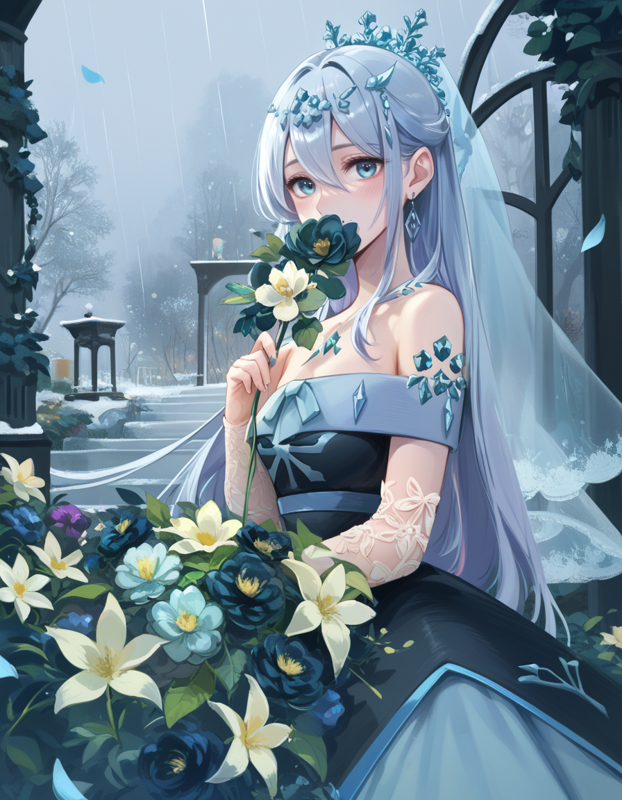 (score_9:0.9),score_8_up,score_7_up,rating_safe,(zPDXL3),(zPDXL),
<lora:Teardrop the Rikka Queen ponyXL v1.1:0.83>,
garden,winter,snow,
teardrop the rikka queen,solo,1girl,petals,looking at viewer,blush,snowflake tiara,snowflake print detached sleeves,covered mouth,rain,cyan bridal veil,black strapless leotard,layered dress,white flower,holding flower,