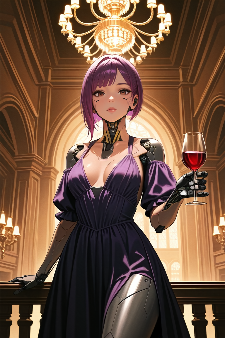 masterpiece, best quality, absurdres,
<lora:ILCyberSongbird:0.8>
CyberSongbird, 1girl, purple hair, short hair, brown eyes, cyborg, looking at viewer, holding wineglass, mansion, chandelier, gown