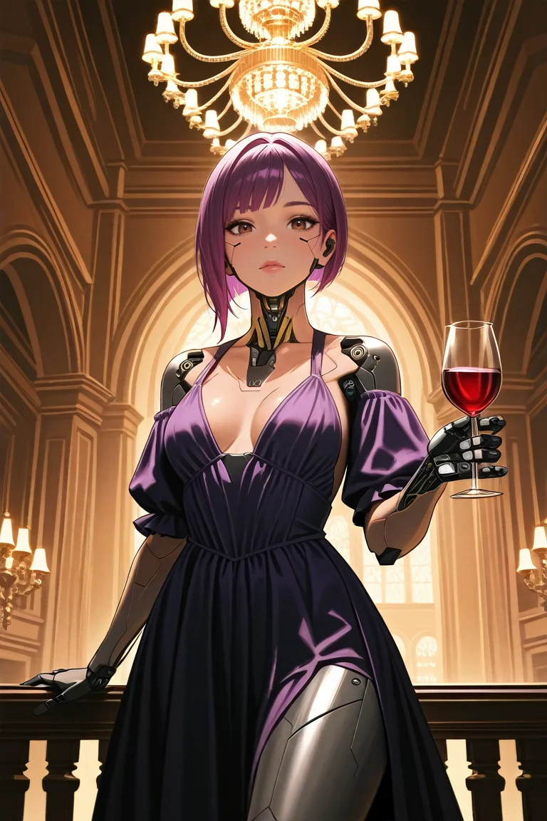 masterpiece, best quality, absurdres,
<lora:ILCyberSongbird:0.8>
CyberSongbird, 1girl, purple hair, short hair, brown eyes, cyborg, looking at viewer, holding wineglass, mansion, chandelier, gown