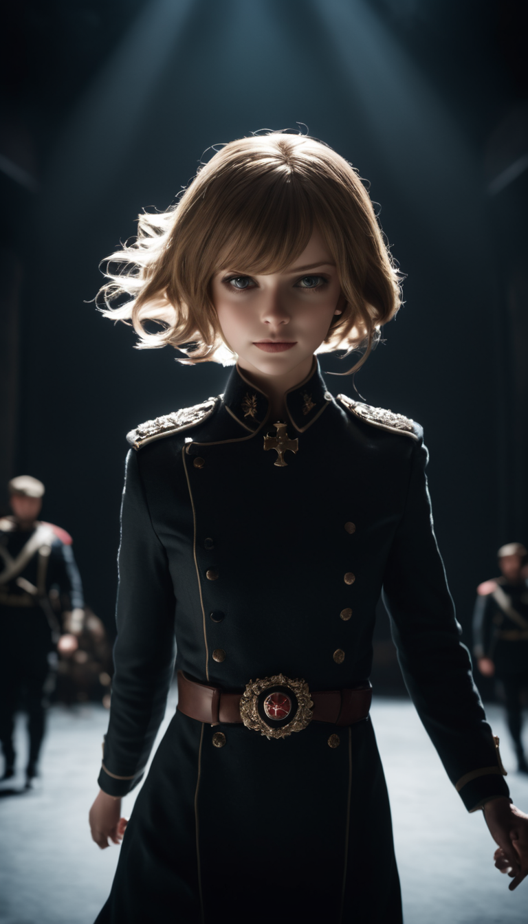 cinematic film still Cinematic scene, hero view, Tanya Degurechaff, Youjo Senki <lora:tanya_degurechaff_xl_v7:1>, action pose, detailed background, masterpiece, best quality, high quality, absurdres . shallow depth of field, vignette, highly detailed, high budget Hollywood movie, bokeh, cinemascope, moody, epic, gorgeous, film grain, grainy