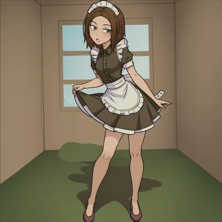 <lora:BonnyR:0.6>bonnie rockwaller,(((maid dress))), 1girl,brown hair, full body, green eyes,looking at viewer, miniskirt, parted lips