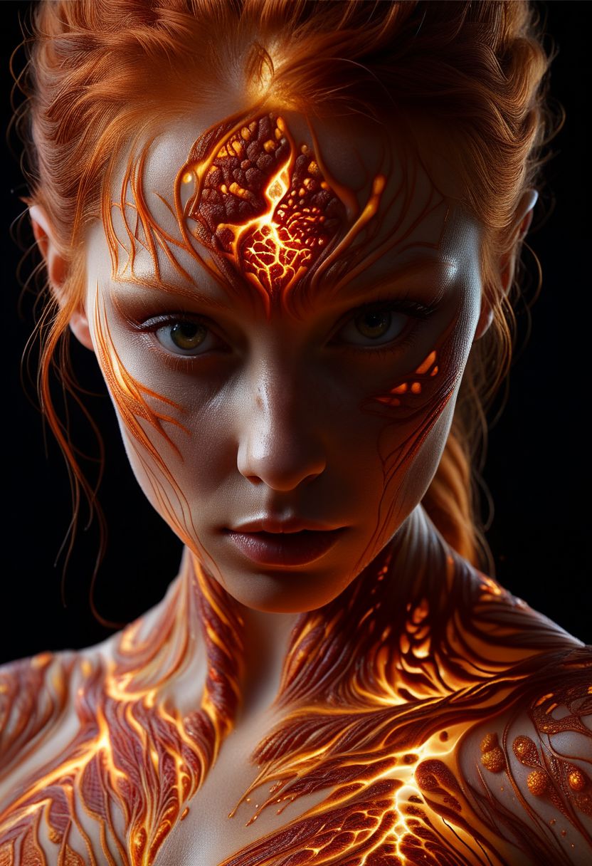 Close-up face, mysterious silhouette of a ginger woman ral-lava clothing, backlit, alluring goddess, by Minjae Lee, Carne Griffiths, Emily Kell, Steve McCurry, Geoffroy Thoorens, Aaron Horkey, Jordan Grimmer, Greg Rutkowski, amazing depth, double exposure, surreal, geometric patterns, intricately detailed, bokeh,  perfect balanced, deep fine borders, artistic photorealism , smooth,  great masterwork by Suiras  <lora:add-detail-xl:2>  <lora:Double_Exposure:0.5>