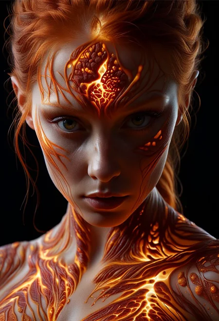 Close-up face, mysterious silhouette of a ginger woman ral-lava clothing, backlit, alluring goddess, by Minjae Lee, Carne Griffiths, Emily Kell, Steve McCurry, Geoffroy Thoorens, Aaron Horkey, Jordan Grimmer, Greg Rutkowski, amazing depth, double exposure, surreal, geometric patterns, intricately detailed, bokeh, perfect balanced, deep fine borders, artistic photorealism , smooth, great masterwork by Suiras <lora:add-detail-xl:2> <lora:Double_Exposure:0.5>