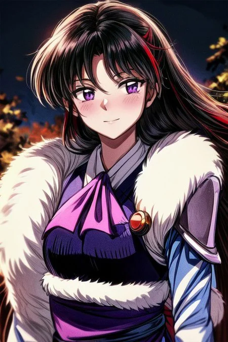 masterpiece, best quality 1girl Setsun4 solo long hair, (night time) forest background black hair very long hair purple eyes multicolored hair armor (fur trim) (medium body),<lora:EMS-179-EMS:0.800000>,<lora:EMS-293862-EMS:0.800000> bow, hair_bow, hair_tubes, red_bow, brown_hair, long_hair, bangs, ascot, frilled_bow, yellow_ascot, blush, smile, hair_between_eyes, athletic, armor, miko